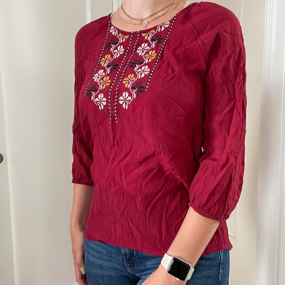 Christopher & Banks blouse, cranberry, 3/4 sleeve, embroidery, size small